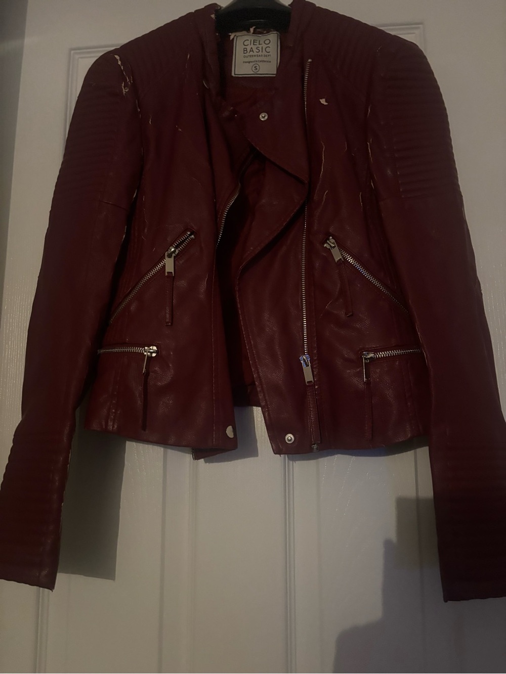 Cielo Wine Red Faux Leather Moto Jacket